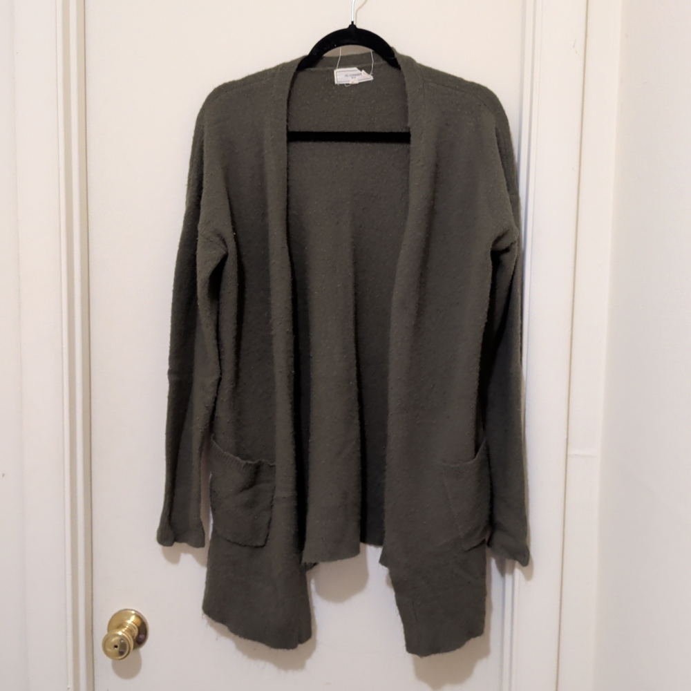 No Comment Olive Green Open Front Cardigan Sweater Size L Boho Casual